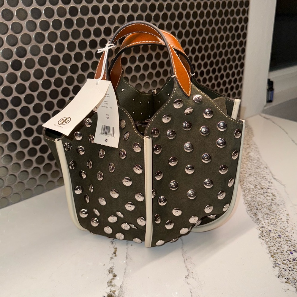 Tory Burch NWT Studded Green Suede Tote Bag